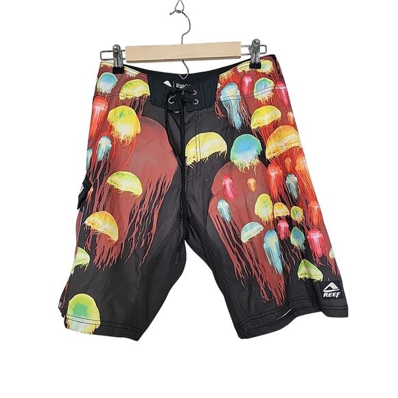 Reef Mens Board Shorts Jelly Fish Comfort Black Size 32 EUC Pocket - Picture 1 of 7